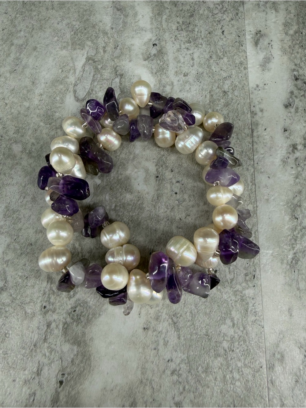 Genuine Pearl Amethyst Bracelet Stone Jewelry Gemstone Stretch - Picture 3 of 3